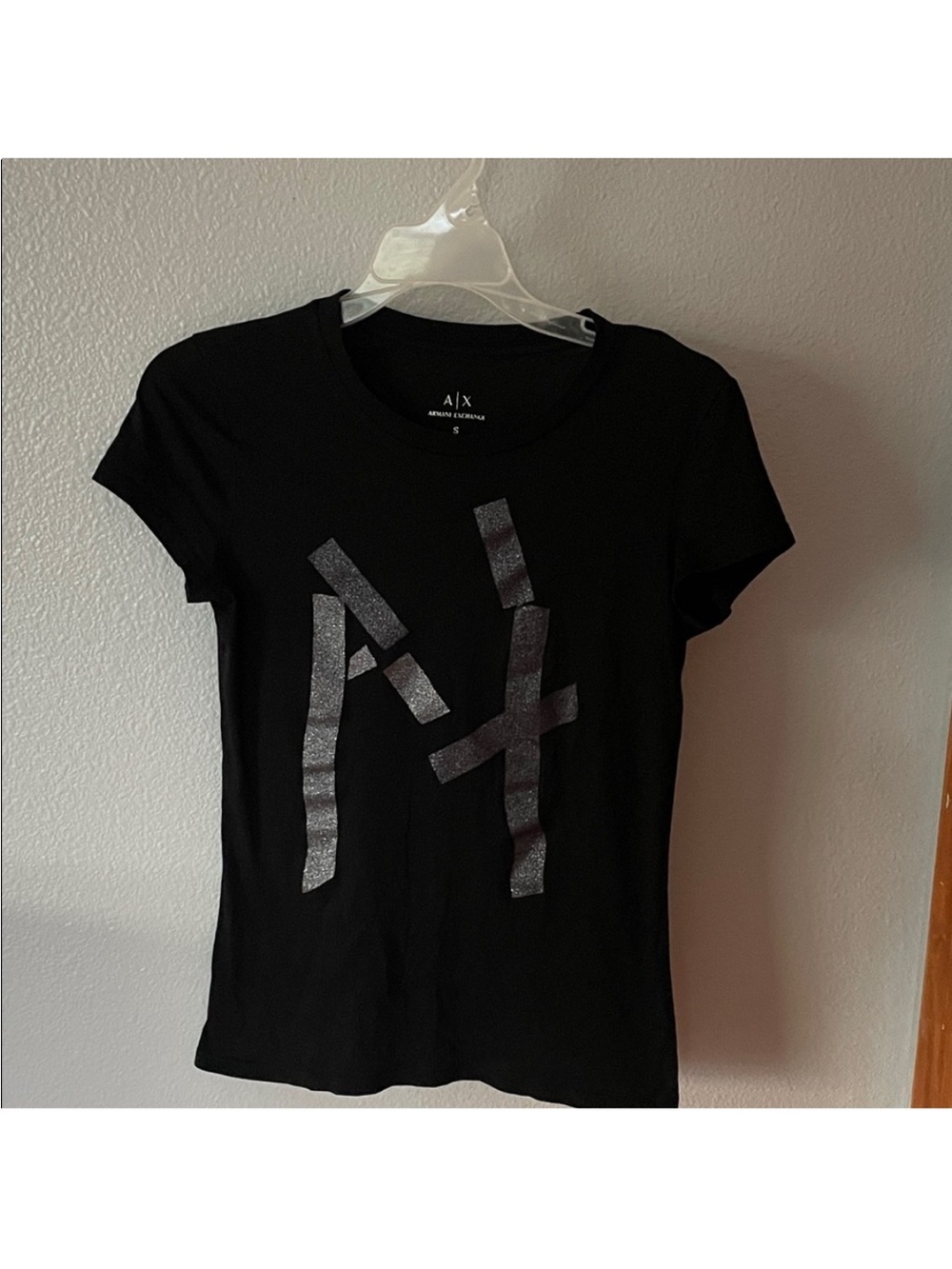 Armani Exchange Black Tee with Metallic Logo Stripes